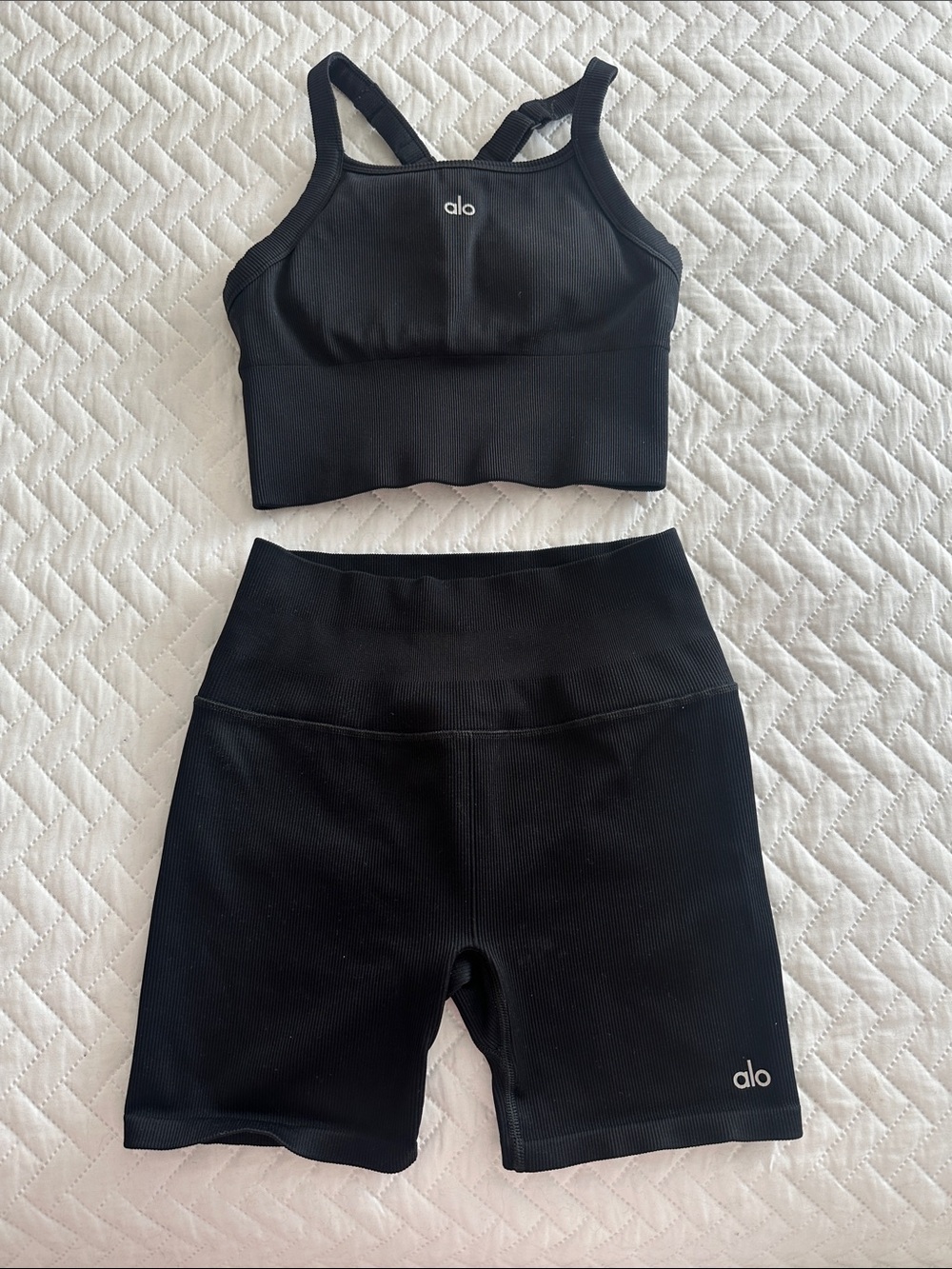 ALO Yoga Black Ribbed Bike Shorts & Matching Sports Bra Set
